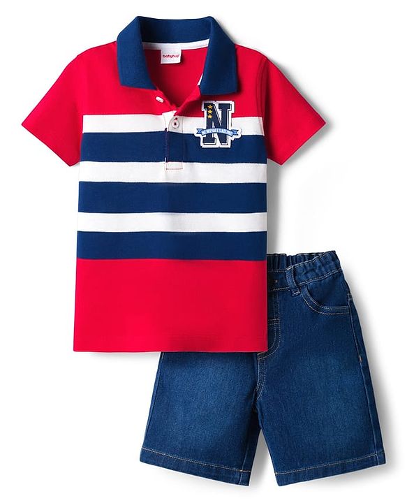 Babyhug Single Jersey Knit Half Sleeves Polo T-Shirt & Denim Shorts Set with N Patch Detailing & Stripes - Blue