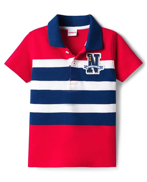 Babyhug Single Jersey Knit Half Sleeves Polo T-Shirt & Denim Shorts Set with N Patch Detailing & Stripes - Blue