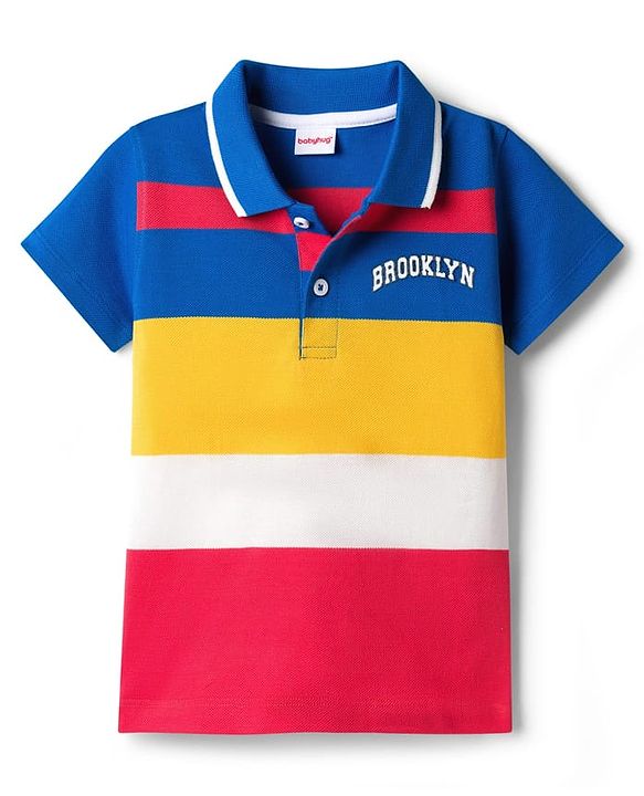 Babyhug Single Jersey Knit Half Sleeves Polo T-Shirt & Denim Shorts Set with Brooklyn Print & Color Block - Blue