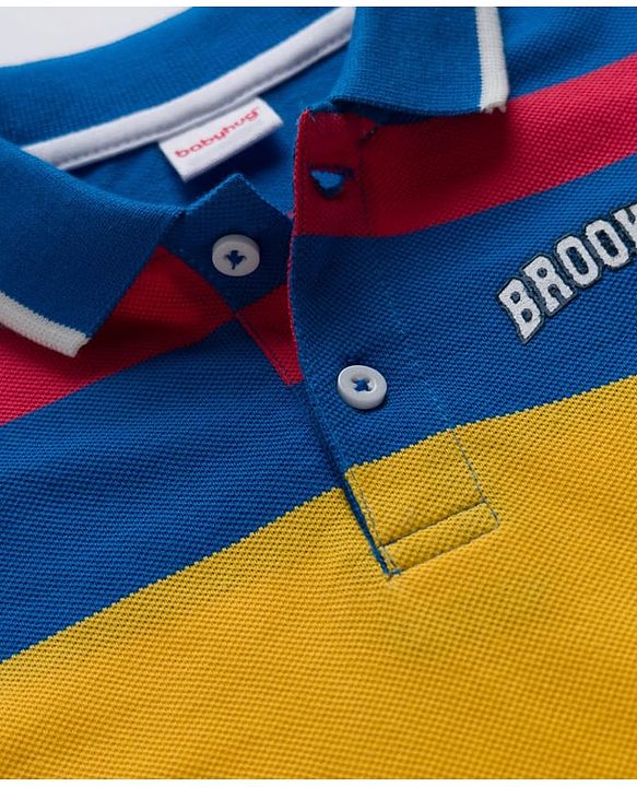 Babyhug Single Jersey Knit Half Sleeves Polo T-Shirt & Denim Shorts Set with Brooklyn Print & Color Block - Blue