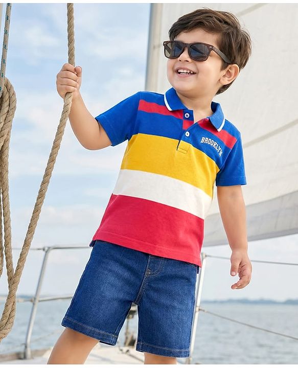 Babyhug Single Jersey Knit Half Sleeves Polo T-Shirt & Denim Shorts Set with Brooklyn Print & Color Block - Blue