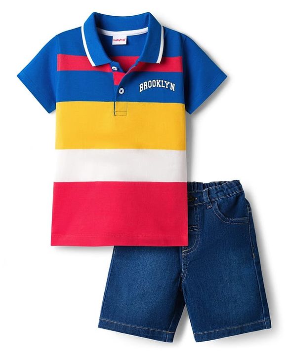 Babyhug Single Jersey Knit Half Sleeves Polo T-Shirt & Denim Shorts Set with Brooklyn Print & Color Block - Blue