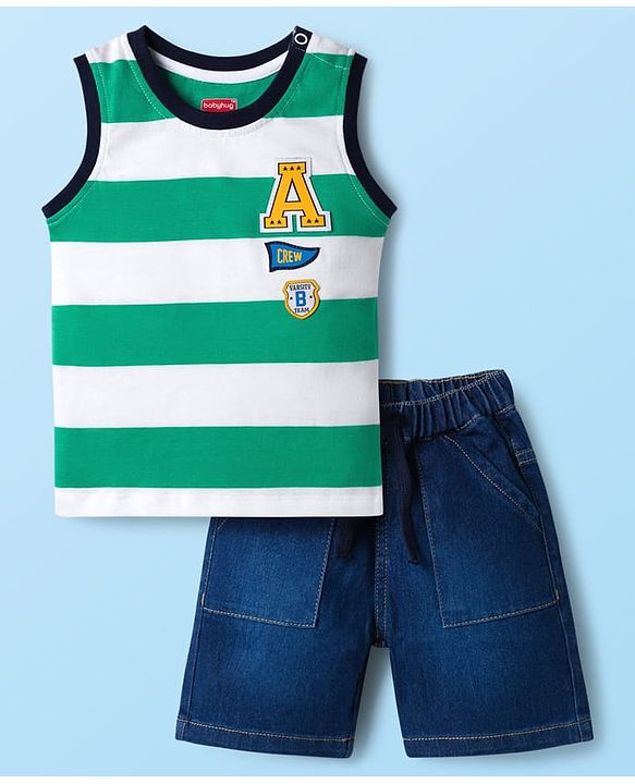 Babyhug Single Jersey Knit Sleeveless T-Shirt & Denim Shorts Set with Patch Detailing & Stripes - Blue & Green