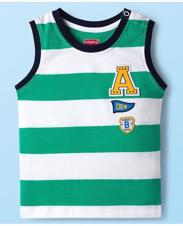 Babyhug Single Jersey Knit Sleeveless T-Shirt & Denim Shorts Set with Patch Detailing & Stripes - Blue & Green