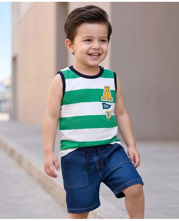 Babyhug Single Jersey Knit Sleeveless T-Shirt & Denim Shorts Set with Patch Detailing & Stripes - Blue & Green