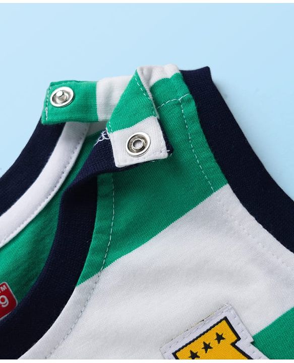 Babyhug Single Jersey Knit Sleeveless T-Shirt & Denim Shorts Set with Patch Detailing & Stripes - Blue & Green