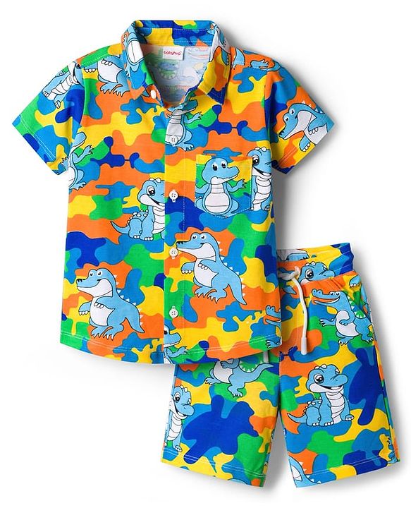 Babyhug Single Jersey Knit Half Sleeves Co-ords Shirt & Shorts Set with Dino Print - Multicolor