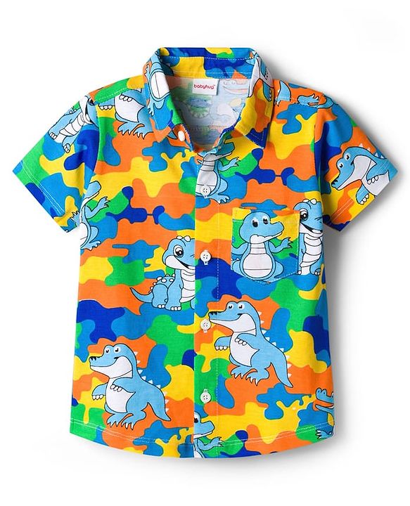 Babyhug Single Jersey Knit Half Sleeves Co-ords Shirt & Shorts Set with Dino Print - Multicolor
