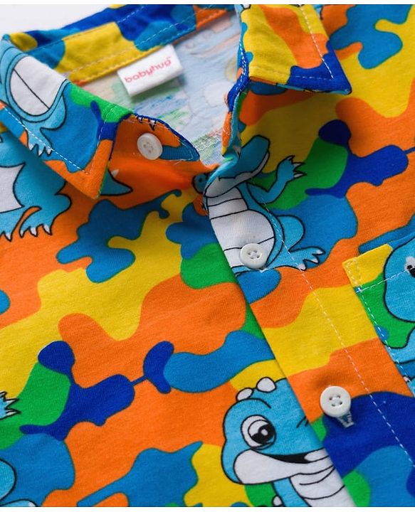 Babyhug Single Jersey Knit Half Sleeves Co-ords Shirt & Shorts Set with Dino Print - Multicolor