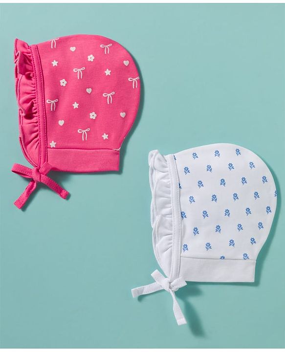 Babyhug 100% Cotton Knit Cap with Floral Print Pack of 2 White & Pink - Diameter 9 cm