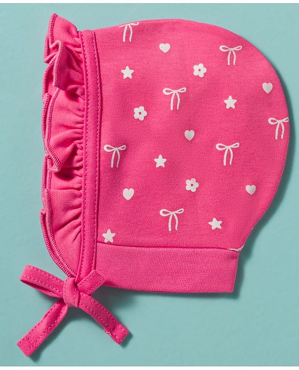 Babyhug 100% Cotton Knit Cap with Floral Print Pack of 2 White & Pink - Diameter 9 cm