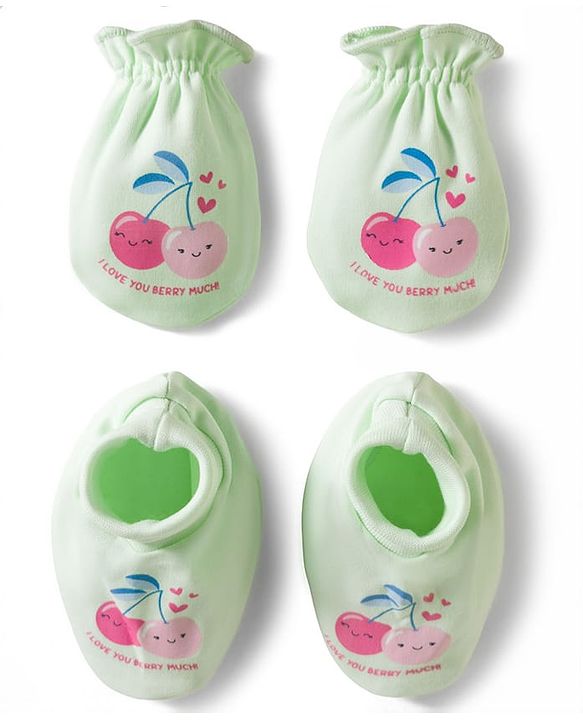 Babyhug 100% Cotton Knit Mittens & Booties With Cherry Print - Multicolor
