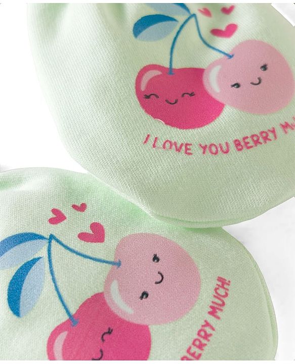 Babyhug 100% Cotton Knit Mittens & Booties With Cherry Print - Multicolor