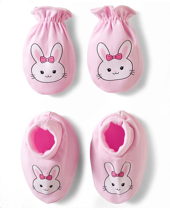 Babyhug 100% Cotton Knit Mittens & Booties With Bunny Print - Multicolor