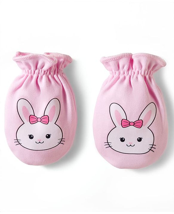Babyhug 100% Cotton Knit Mittens & Booties With Bunny Print - Multicolor