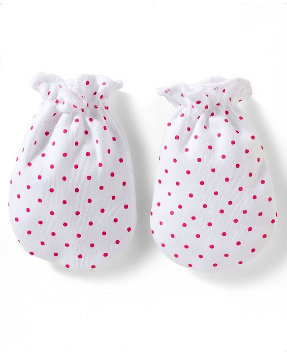 Babyhug 100% Cotton Knit Solid & Polka Dots Printed Mittens Pack Of 3 - Multicolour