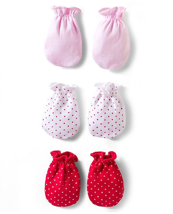 Babyhug 100% Cotton Knit Solid & Polka Dots Printed Mittens Pack Of 3 - Multicolour