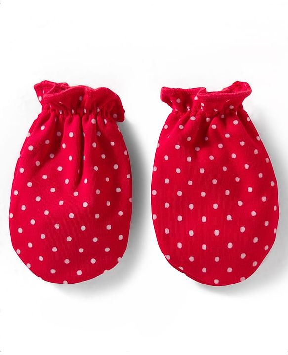 Babyhug 100% Cotton Knit Solid & Polka Dots Printed Mittens Pack Of 3 - Multicolour