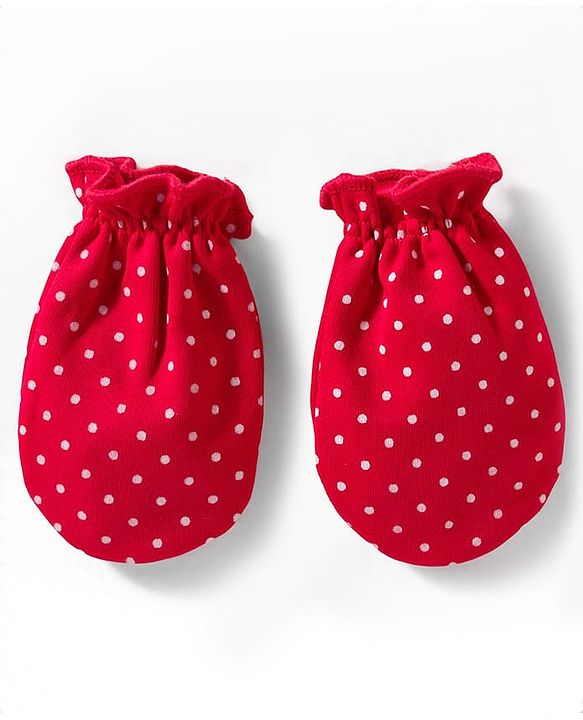 Babyhug 100% Cotton Knit Solid & Polka Dots Printed Mittens Pack Of 3 - Multicolour