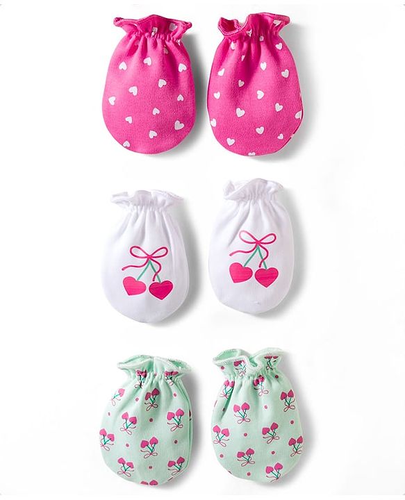 Babyhug 100% Cotton Mittens With Heart Print Pack of 3 - Multicolor