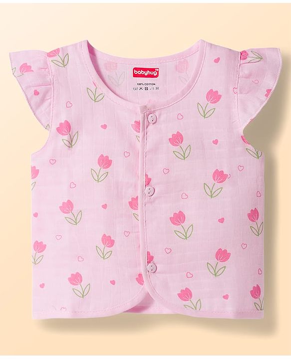 Babyhug 100% Cotton Muslin Woven Sleeveless Floral Printed Front Open Jhablas Pack Of 3- Multicolor