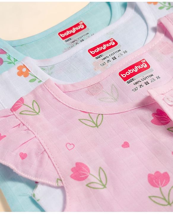 Babyhug 100% Cotton Muslin Woven Sleeveless Floral Printed Front Open Jhablas Pack Of 3- Multicolor