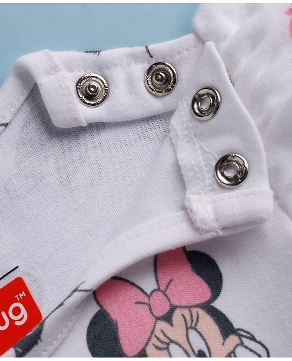 Babyhug Disney Interlock Knit  Frill Sleeves Frock Style Onesies with Mesh Detailing & Minnie Mouse Graphic - White