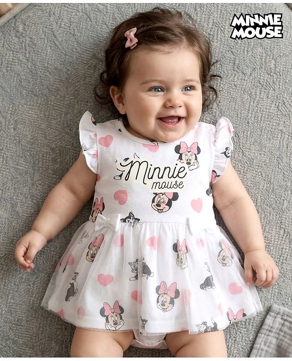 Babyhug Disney Interlock Knit  Frill Sleeves Frock Style Onesies with Mesh Detailing & Minnie Mouse Graphic - White