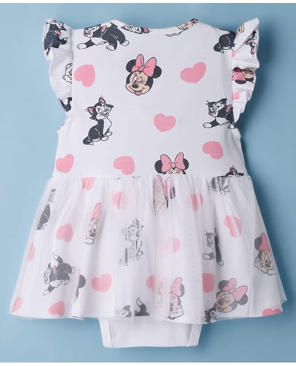 Babyhug Disney Interlock Knit  Frill Sleeves Frock Style Onesies with Mesh Detailing & Minnie Mouse Graphic - White
