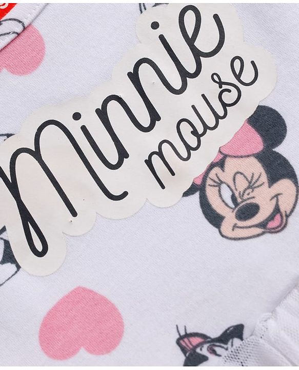 Babyhug Disney Interlock Knit  Frill Sleeves Frock Style Onesies with Mesh Detailing & Minnie Mouse Graphic - White