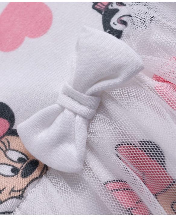 Babyhug Disney Interlock Knit  Frill Sleeves Frock Style Onesies with Mesh Detailing & Minnie Mouse Graphic - White