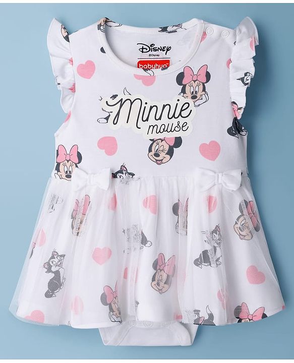 Babyhug Disney Interlock Knit  Frill Sleeves Frock Style Onesies with Mesh Detailing & Minnie Mouse Graphic - White