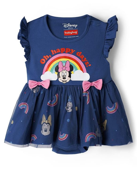 Babyhug Disney Interlock Knit  Frill Sleeves Onesies with Mesh Detailing & Minnie Mouse Graphic -Navy Blue