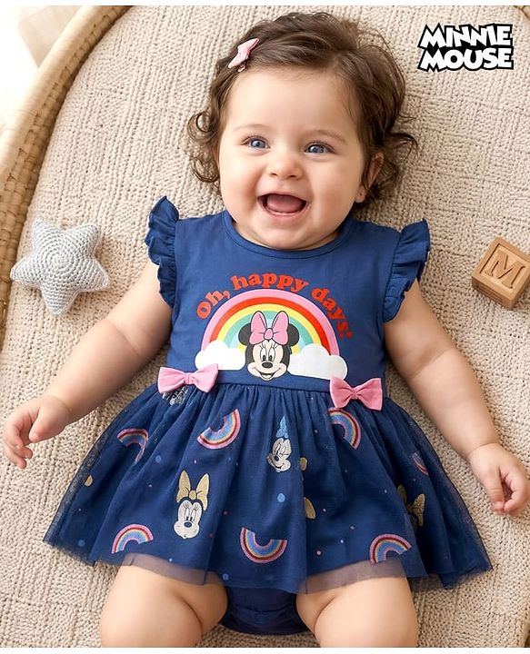 Babyhug Disney Interlock Knit  Frill Sleeves Onesies with Mesh Detailing & Minnie Mouse Graphic -Navy Blue