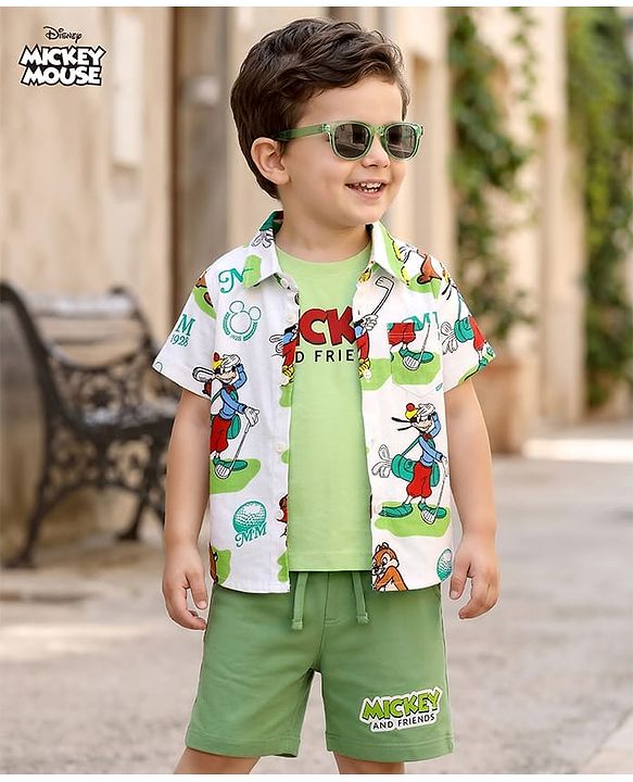 Babyhug Disney Single Jersey Knit Half Sleeves Shirt & Shorts Set With Mickey Mouse & Family Graphics & T-Shirt - Multicolor