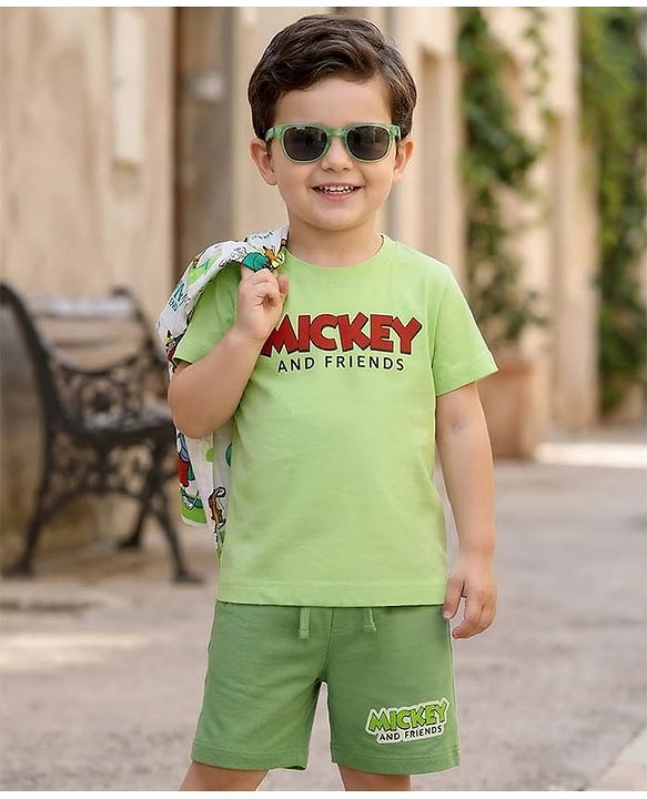 Babyhug Disney Single Jersey Knit Half Sleeves Shirt & Shorts Set With Mickey Mouse & Family Graphics & T-Shirt - Multicolor