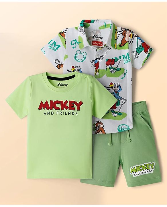 Babyhug Disney Single Jersey Knit Half Sleeves Shirt & Shorts Set With Mickey Mouse & Family Graphics & T-Shirt - Multicolor