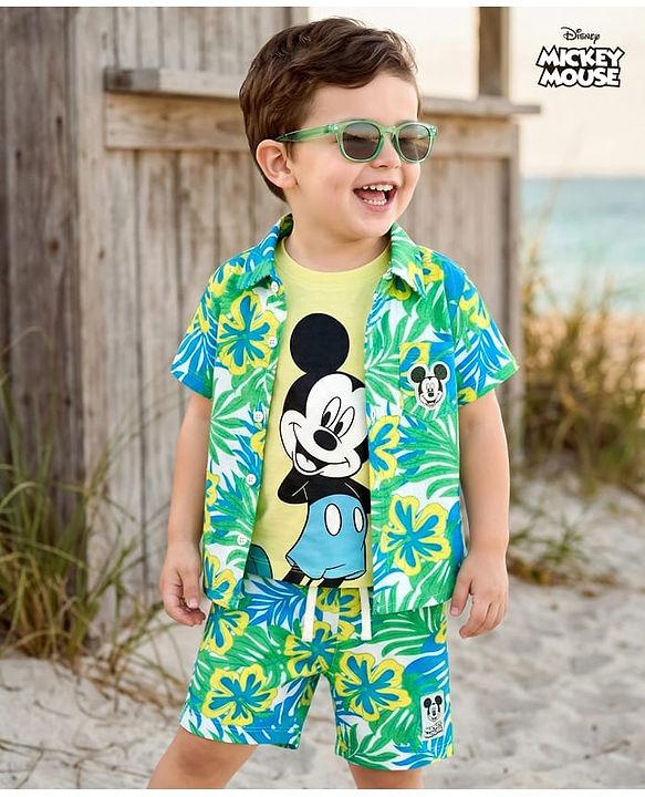 Babyhug Disney Single Jersey Knit Half Sleeves Shirt & Shorts Co-ord Set With T-Shirt & Mickey Mouse & Family Graphics - Multicolor
