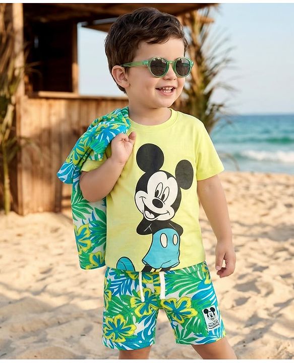 Babyhug Disney Single Jersey Knit Half Sleeves Shirt & Shorts Co-ord Set With T-Shirt & Mickey Mouse & Family Graphics - Multicolor