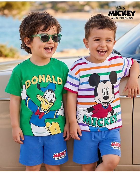 Babyhug Disney Single Jersey Knit Half Sleeve T-Shirt & Shorts Set With Mickey Mouse & Family Graphics Pack of 2 - Multicolour