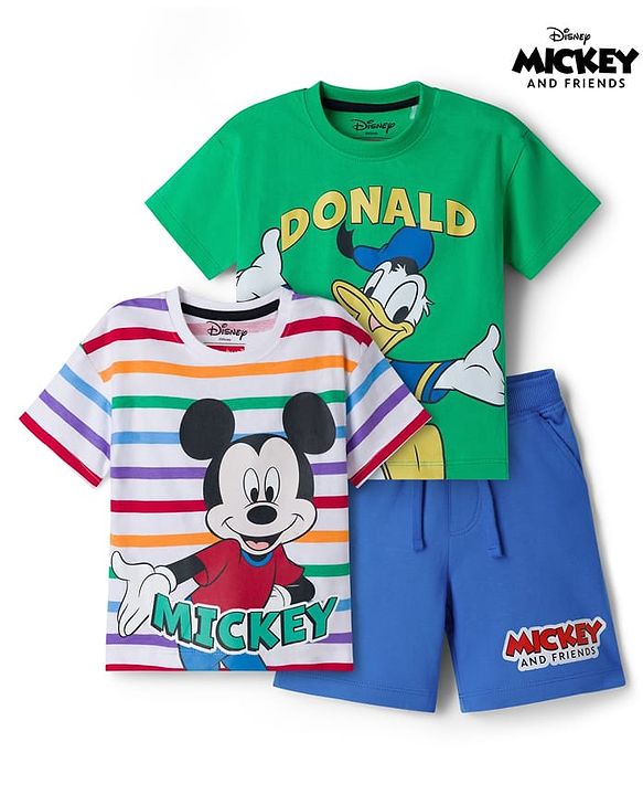 Babyhug Disney Single Jersey Knit Half Sleeve T-Shirt & Shorts Set With Mickey Mouse & Family Graphics Pack of 2 - Multicolour