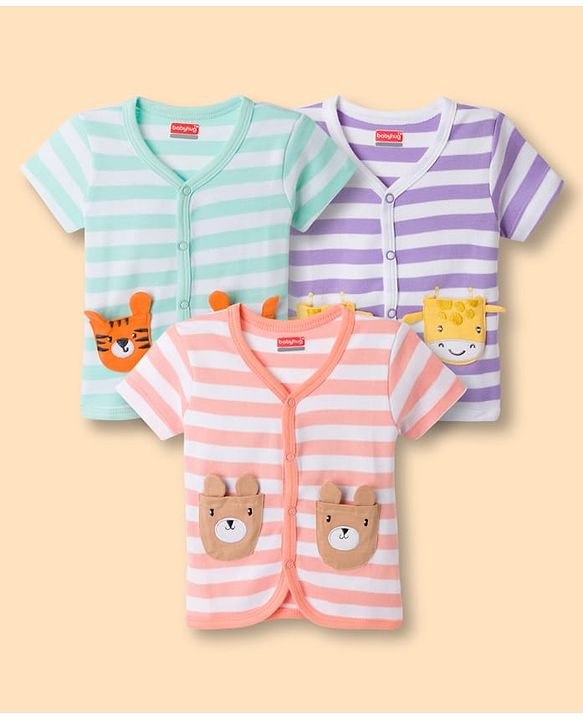 Babyhug 100% Cotton Interlock Knit Half Sleeves Antibacterial Striped Jhablas with Animal Applique Pack of 3 -Multicolor