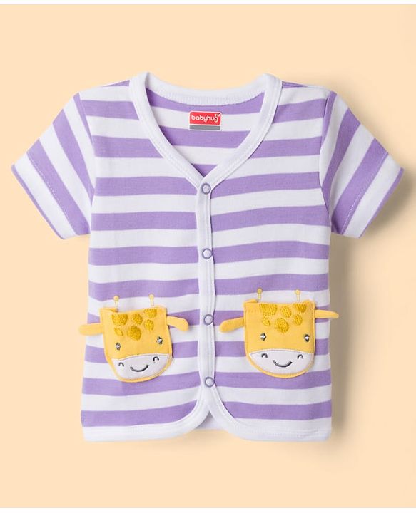 Babyhug 100% Cotton Interlock Knit Half Sleeves Antibacterial Striped Jhablas with Animal Applique Pack of 3 -Multicolor