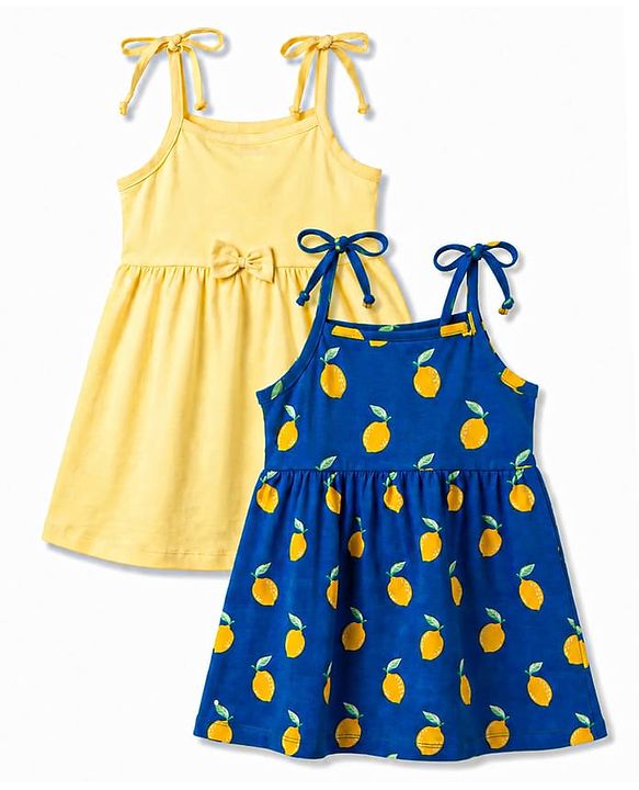 Babyhug 100% Cotton Single Jersey Knit Antibacterial Sleeveless Fit and Flare One Piece Frocks With Lemon Print Pack of 2 - Multicolor