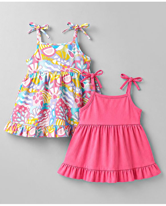 Babyhug 100% Cotton Woven One Piece Dresses/Frocks with Shoulder Straps Multi Color 12-18 Months
