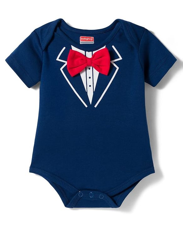 Babyhug 100% Cotton Knit Half Sleeves Onesies with Bow Applique - Navy Blue