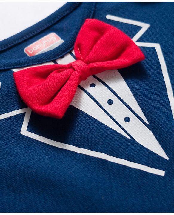 Babyhug 100% Cotton Knit Half Sleeves Onesies with Bow Applique - Navy Blue