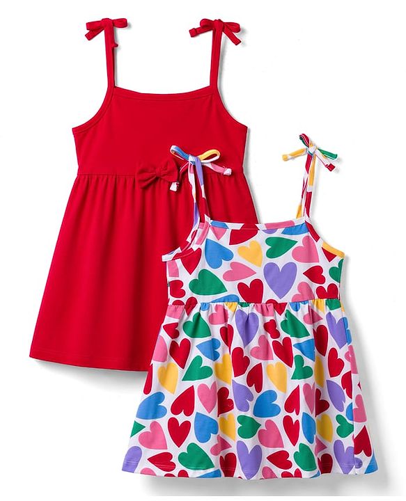 Babyhug Single Jersey Knit Sleeveless Frocks with Heart Print & Bow Applique Pack of 2 - Multicolor