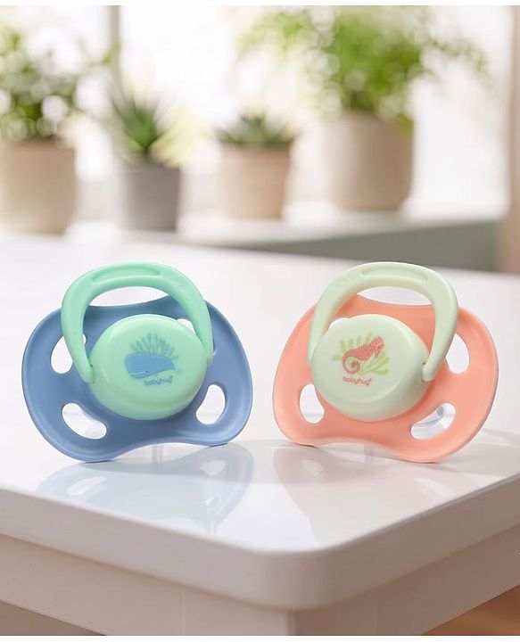 Babyhug Whale & Sea Horse Print Orthodontic Pacifier Pack of 2| 0+ Months| Protective Hygienic Cap| Breathable Airflow Vents| Orthodontic Silicone Teat| Food-Grade Silicone| BPA Free | Baby Safe
