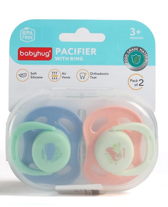 Babyhug Whale & Sea Horse Print Orthodontic Pacifier Pack of 2| 0+ Months| Protective Hygienic Cap| Breathable Airflow Vents| Orthodontic Silicone Teat| Food-Grade Silicone| BPA Free | Baby Safe